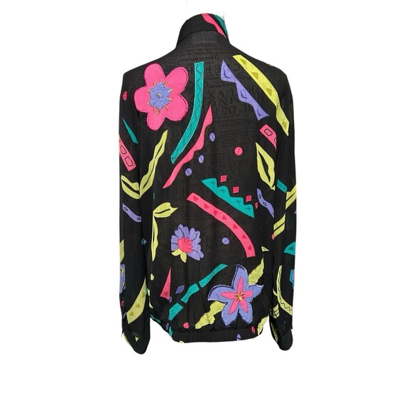 Vintage 90s Y2K Black Sheer Zip Up Blouse Jacket Neon Pink Blue Flowers Floral - Picture 4 of 7